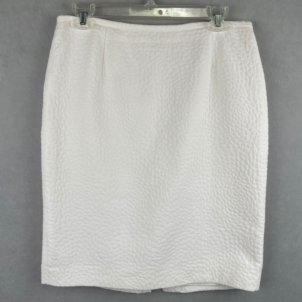 Calvin Klein White Textured Cotton Blend Chic Luxury Pencil Skirt 8P‎ Petite Zip